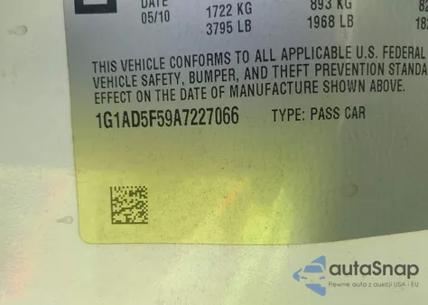 2010 Chevrolet Cobalt Lt из США, поврежденный, VIN 1G1AD5F59A7227066